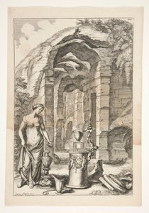 Urns, Standlar ve Harabeler ile Antik Elbiseli Kadın by Joachim von Sandrart