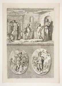 üst yarı: Dört Antik Heykel alt yarı: Forge of Vulcan ve A Victorious Roman General by Joachim von Sandrart