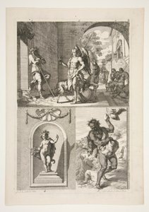 üst yarı: Bilinmeyen dini Konu alt yarı: Bir niş içinde bir putto heykeli ve bir manzarada bir faun heykeli by Joachim von Sandrart
