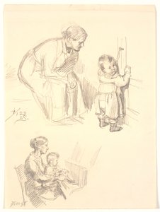 İki figür çalışması. En üstte, bir kapıda çocuğu izleyen oturan bir kadın; altta piyanoda pankart olan bir kadın by Joakim Frederik Skovgaard