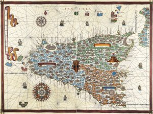 Sicilya Adası. (Sicilya) Joan Martines (1556-1591) navigasyon haritası