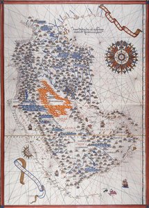 Arap Yarımadası Haritası, rüzgar gülü ve Atlas de Joan Martines'te liman ve deniz kıyılarının ayrıntıları