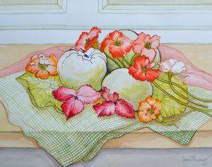 Yeşil bir çek kumaş üzerinde elma ve Nasturtium (sulu boya) by Joan Thewsey