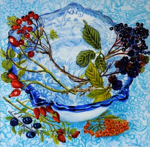 Çilekli Mavi Antika Kase, 2010, suluboya by Joan Thewsey