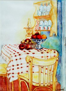 Elmalı Yazlık Mutfak Masası, 2005,(sulu boya) by Joan Thewsey