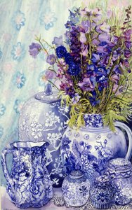 Antik Mavi Saksılı Delphiniums, 2000, (sulu boya) by Joan Thewsey