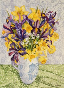Desenli Tekstil ile İris ve Nergis, 2008, el yapımı kağıt üzerine sulu boya by Joan Thewsey