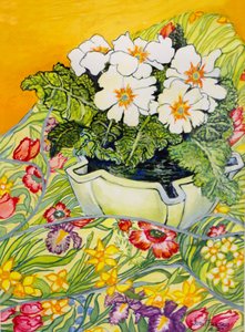 Bahar çiçekli Tekstil ile Saksıda Soluk Primrose,2000
