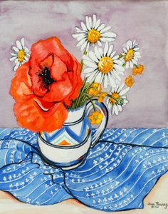 Honiton Sürahisinde Kırmızı Oryantal Haşhaş ve Marguerites, 2005, (sulu boya) by Joan Thewsey