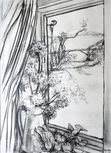 Kulübe Penceresinden Görüntüle, 1970 (kömür) by Joan Thewsey