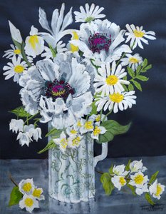 Beyaz Gelincikler, Marguerites ve Philadelphus, (guaj) by Joan Thewsey