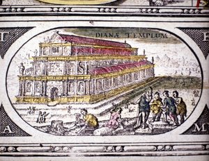 Antik Çağın Yedi Harikasının Temsili: Efes'teki Diana Tapınağı (Artemis). 1630'da Amsterdam'da basılan Jansson Jannsonius Atlası'nda. Özel koleksiyon.
