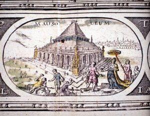 Antik Çağın Yedi Harikasının Temsili: Halikarnas Mozolesi. Atlas'ta Jansson Jannsonius tarafından 1630'da Amsterdam'da basılmıştır. Özel koleksiyon.