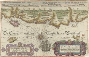 Wight Adası ve Dover arasındaki İngiliz sahilinin haritası Açıklama Custen van Englandt tuschen Wicht ende Doueren (...) (nesne üzerindeki başlık)