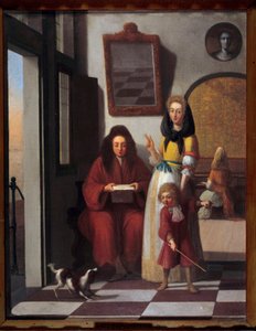 Tür sahnesi İç mekanda bir aile. Anne oğlunu köpekle oynamaya devam ediyor. Job Berckheyde (1630-1696) tarafından yapılan boyama 17. yüzyıl Avignon, Calvet Müzesi