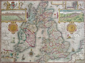 Büyük Britanya ve İrlanda Krallığı Haritası, 1610 (el renkli gravür)