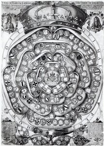 Lancaster ve York Ailelerinin Gülleri Birliği, 1589 (plaka gravürü) by Jodocus Hondius