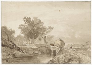 Üzerinde hasatçı olan bir köprü ile manzara by Johan Barthold Jongkind