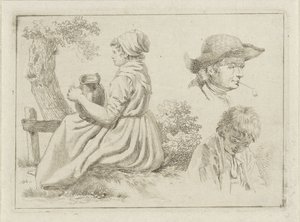 Sürahili oturan kadın, pipolu bir adamın ve bir çocuğun portresi. by Johan Christiaan Willem Safft