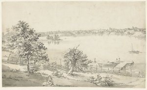 Ön planda rakamlarla dağlarda geniş bir su manzarası by Johan Eric Rehn