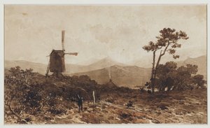 Solda bir değirmen ile tepelik manzara by Johan Hendrik Weissenbruch