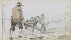 Bir çocuğu el arabasına iten bir adamla manzara by Johan Hendrik Weissenbruch