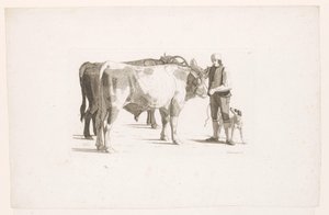 Bir boyunduruk ile iki öküz yanında bir adam ve bir köpek by Johan Jakob Biedermann