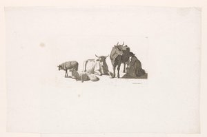 Sığır ve koyun ile bir inek sağan kadın. by Johan Jakob Biedermann