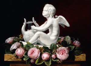 Mermer bir çıkıntı üzerinde lir çalan Cupid