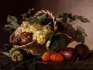 Patlıcan, domates, kestane ve üzümden oluşan natürmort. Johan Laurentz Jensen (1800-1856) tarafından yapılmıştır. Özel koleksiyon.