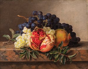 Mermer bir çerçeve üzerinde nar ve yeşil ve mavi üzümler, 1833.