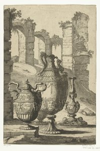 Üç vazo ve bir şamdan Materiam superabat opus (nesne üzerindeki başlık) Vazolar ve şamdanlar (seri başlığı) by Johan Teyler (attributed to)