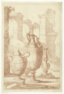Üç vazo ve bir şamdan Materiam superabat opus (nesne üzerindeki başlık) Vazolar ve şamdanlar (seri başlığı) by Johan Teyler (attributed to)
