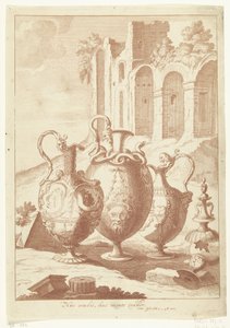 Dört vazo, dördüncü kırık Huc oculis, huc mente trahor (nesne üzerindeki başlık) Vazolar ve şamdanlar (seri başlığı) by Johan Teyler (attributed to)