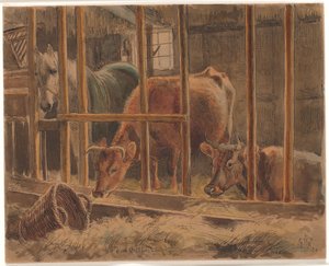 Beyaz bir at ve iki inek ile bir ahırın içi by Johan Thomas Lundbye