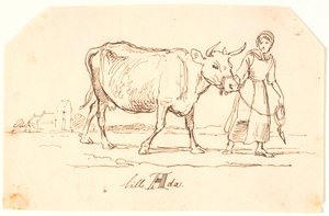 Kilise olan bir manzarada inek çeken bir kız. "Küçük Ada" by Johan Thomas Lundbye