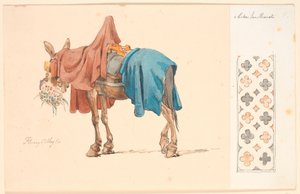 Yeşil yemlerini yeme sürecinde olan bir katır. Yapıştırılmış kağıdın sağında dekoratif bir uzaklık by Johan Thomas Lundbye