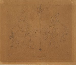 Bayan Raffenberg bir eşeğin üzerinde oturuyor. Bir bitki sapı ile ayrılmış iki müstahzar by Johan Thomas Lundbye