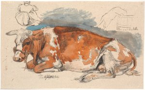 yalancı inek Sol üstte oturan bir köylü kızı, t.h. karahindibadan su içen kedi by Johan Thomas Lundbye