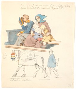 Asker ve karısı iki çocuklu, bir bankta oturuyorlar. F.n. bir adam tarafından takip edilen ambalajlı bir at by Johan Thomas Lundbye