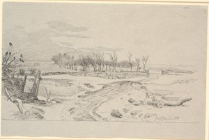 Taş bir çitin içindeki bir bağlantı aracılığıyla tarlalar arasında dolanan bir yol ile kış manzarası by Johan Thomas Lundbye