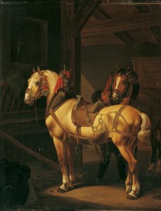 Ahırda iki taslak at by Johann Baptist Michael Dallinger von Dalling