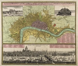 Londra Haritası ve Prospect, c.1710 (el renkli gravür)