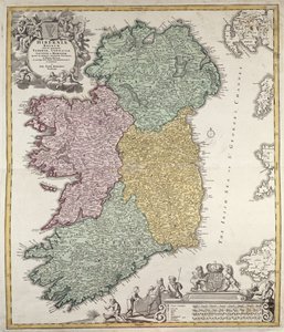 Ulster, Munster, Connaught ve Leinster İllerini gösteren İrlanda haritası, Johann B. Homann, c.1730 (el renkli gravür)