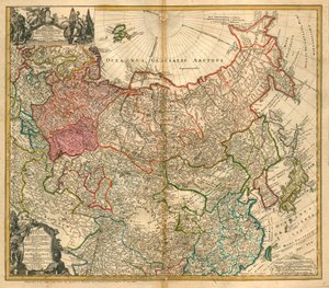 Rusya Haritası (Asya ve Avrupa'nın tamamına Rus İmparatorluğu ve Tataristan Haritası'ndan) - Homann, Johann Baptist (1663-1724) - 1738 - Bakır gravür, sulu boya - Özel Koleksiyon