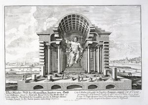 Phidias'ın yaptığı Olimpiya Zeus Heykeli, Johann Adam Delsenbach (1687-1765) 1721 tarafından oyulmuş 'Tarihi bir mimarinin tasarımı'ndan plaka 5 by Johann Bernhard Fischer von Erlach