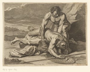 Bir adam Romalı bir mızrak taşıyıcısının cesedini kollarına alıyor by Johann Conrad Reiff