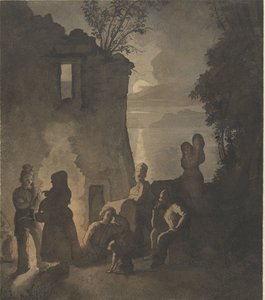 Savoyards gece bir göl kıyısında ateşin yanında dinlenmek