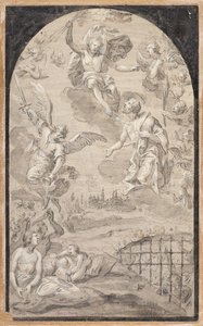 Aziz, Augsburg şehrine yıldırım çarpmaması için İsa#39;ya şefaat ediyor by Johann Georg Melchior (1625 1705) Schmittner