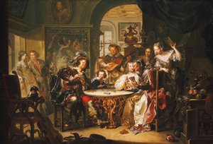 Görkemli bir iç mekanda yaşlı bir bayanla kartlarda hile yapan bir beyefendi, by Johann Georg Platzer